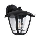 Black metal outdoor wall lamp with clear glass and visible bulb for garden lighting