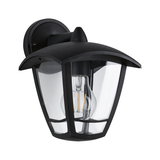 Black metal outdoor wall lamp with clear glass and visible bulb for garden lighting