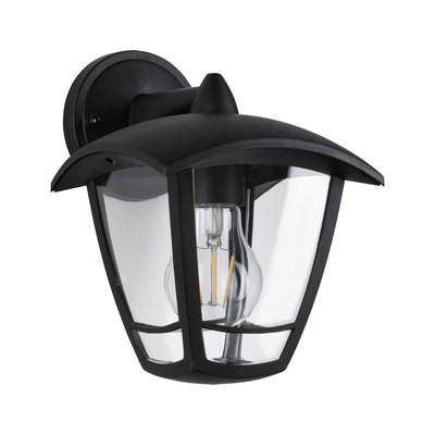Black metal outdoor wall lamp with clear glass and visible bulb for garden lighting