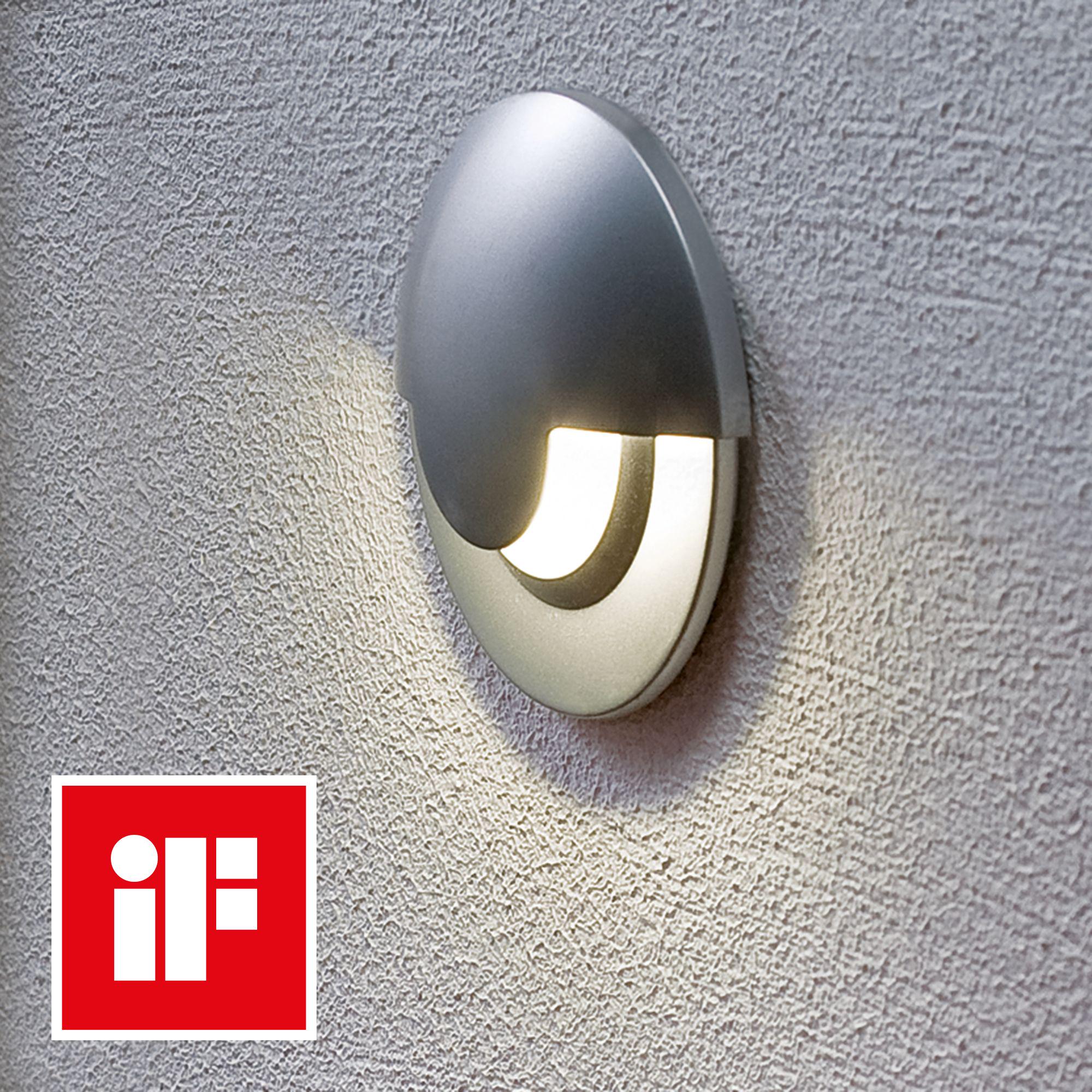 Applique murale ronde en métal argenté avec lumière LED blanc chaud pour éclairage extérieur moderne