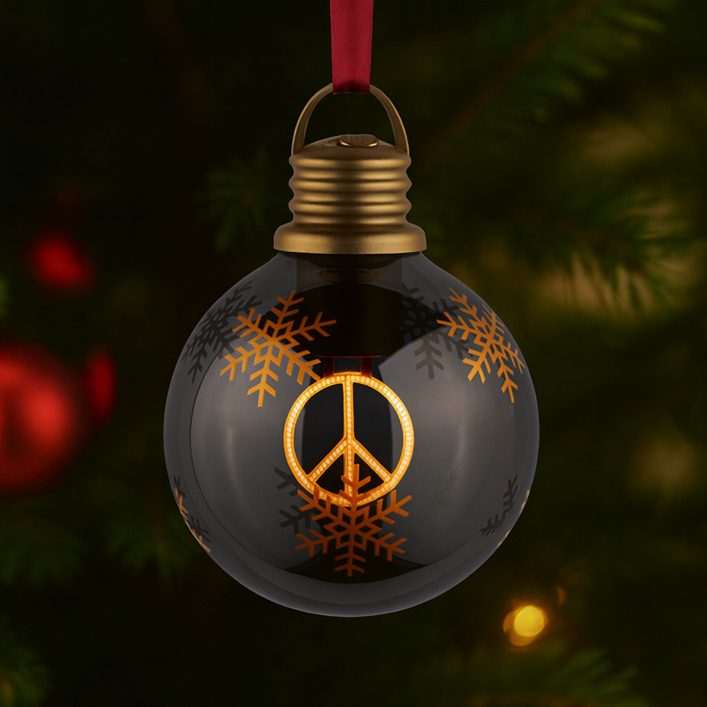 Schwarze Weihnachtskugel aus Glas mit goldenen Schneeflocken und leuchtendem Peace-Symbol, festlich dekoriert