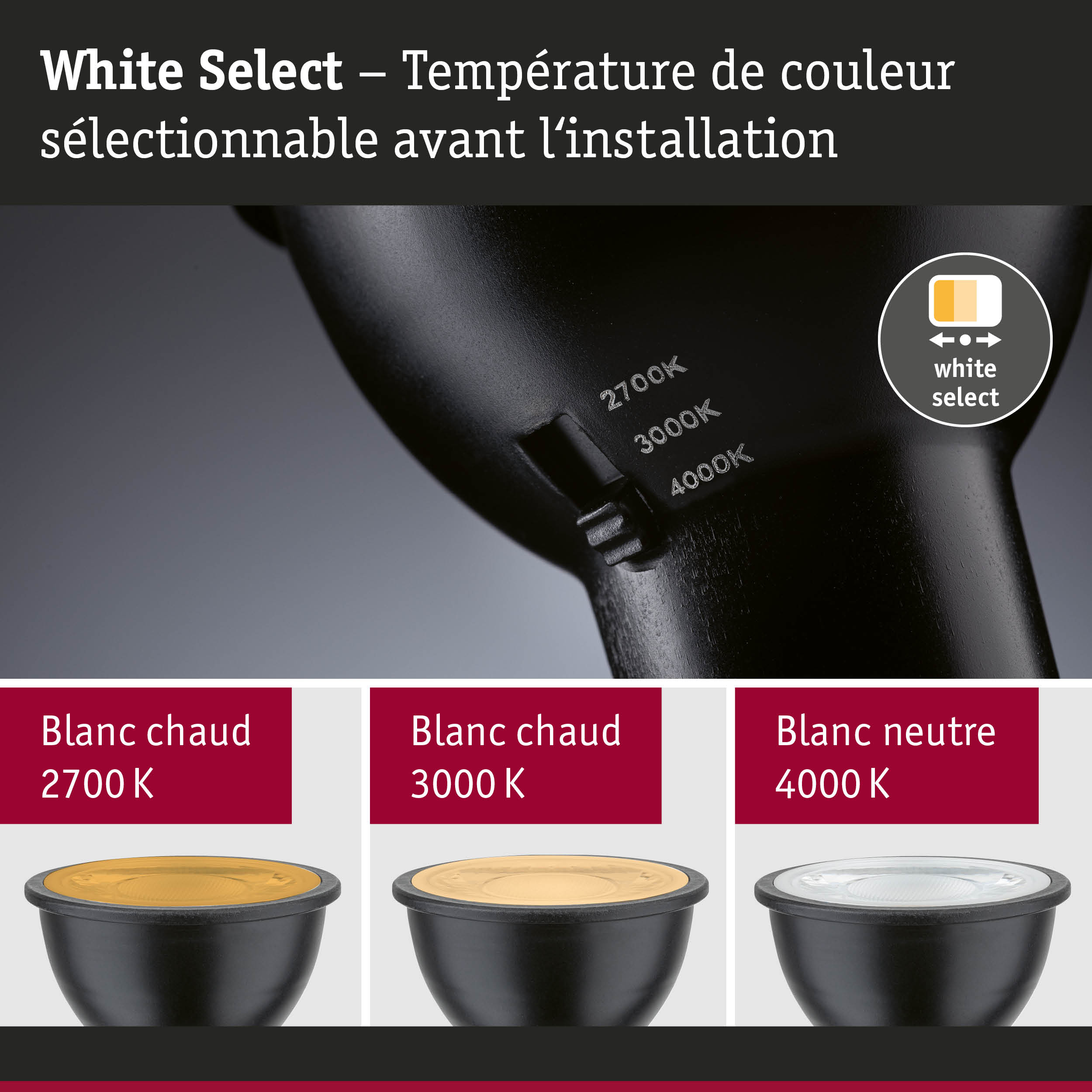 Lampe LED noire avec température de couleur réglable de 2700K à 4000K pour lumière chaude à neutre