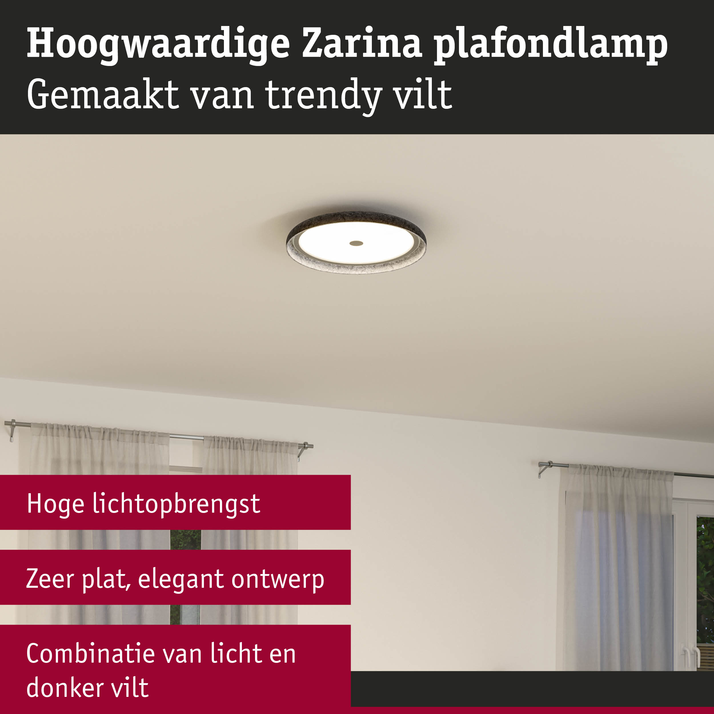 Zarina plafondlamp van trendy donkergrijs vilt met hoge lichtopbrengst en slank elegant ontwerp