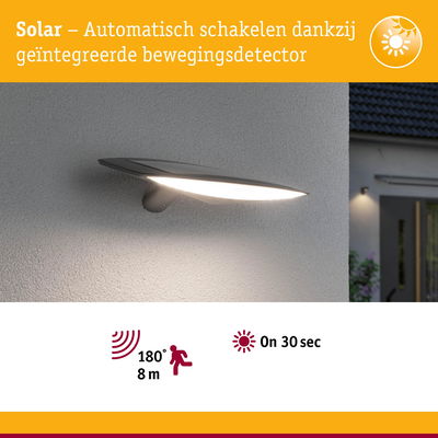 Zonne-energie grijze buitenwandlamp met bewegingssensor en 180° detectiebereik tot 8 meter