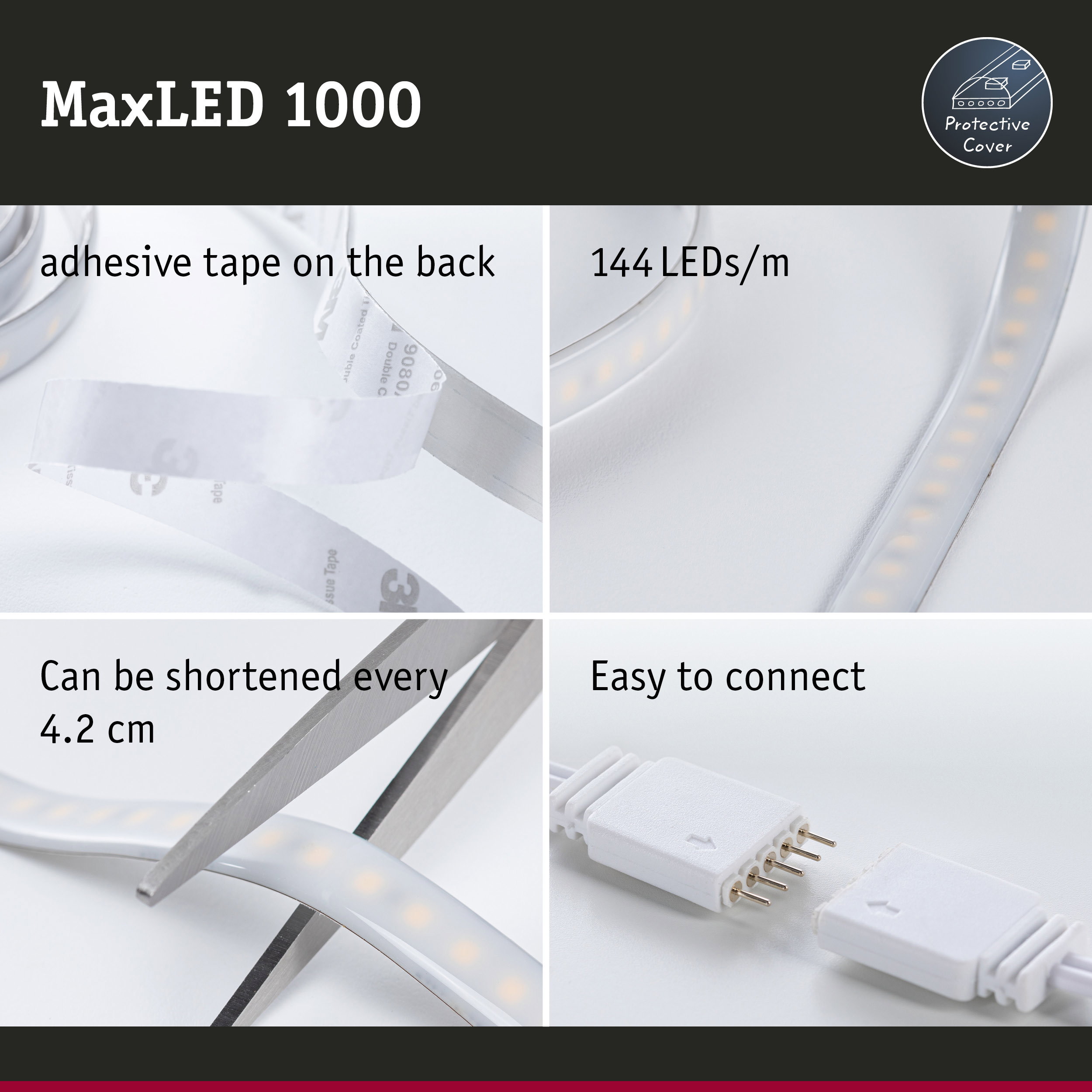 MaxLED 1000 LED strip with protective cover, 144 LEDs per meter, adhesive tape backing, cuttable every 4.2 cm