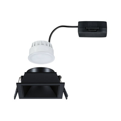Schwarzer eckiger Einbaustrahler mit weißem LED-Modul und Anschlussbox für moderne Innenbeleuchtung