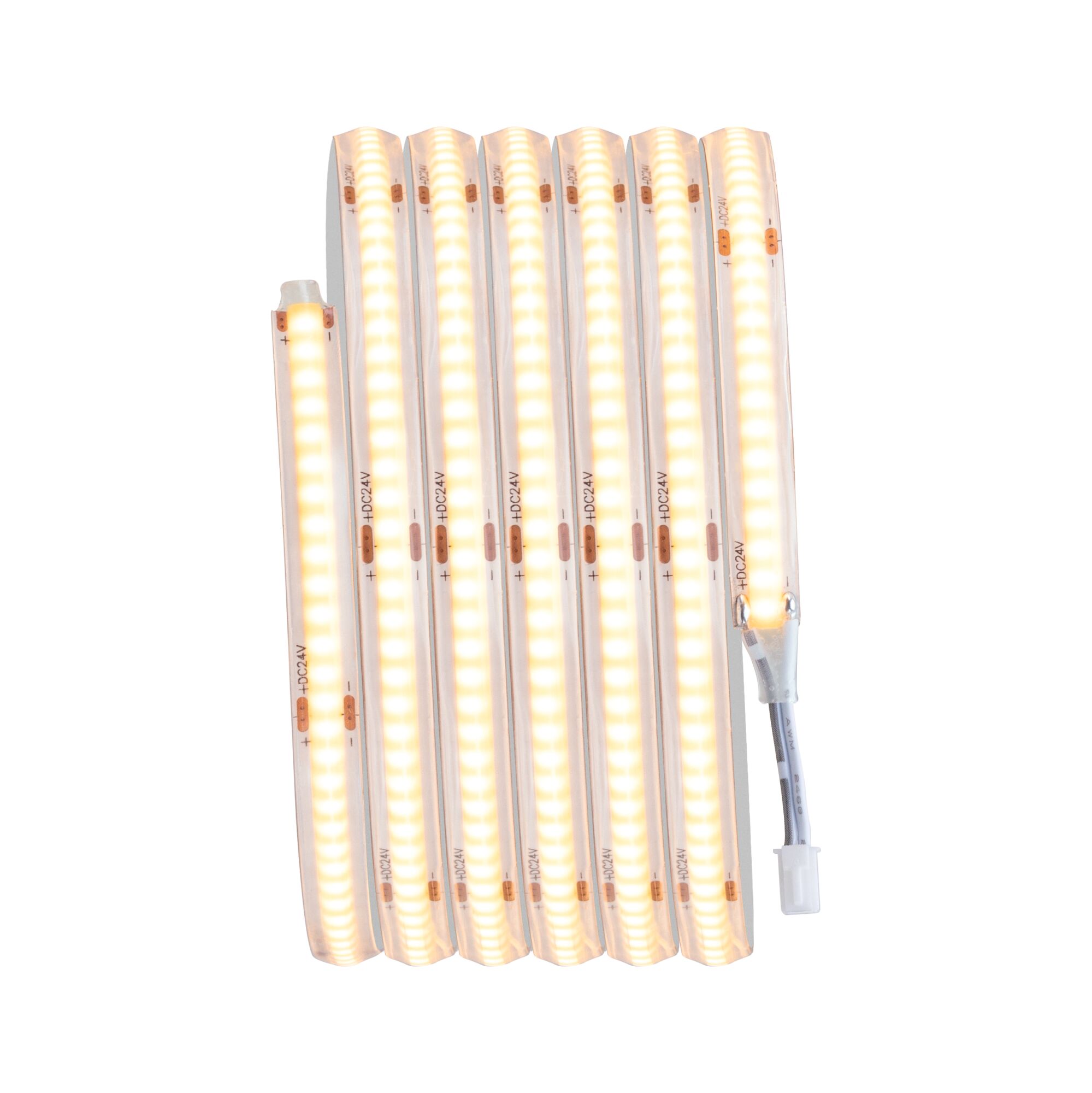 Flexible LED strip with warm white light and 24V connector for versatile lighting applications