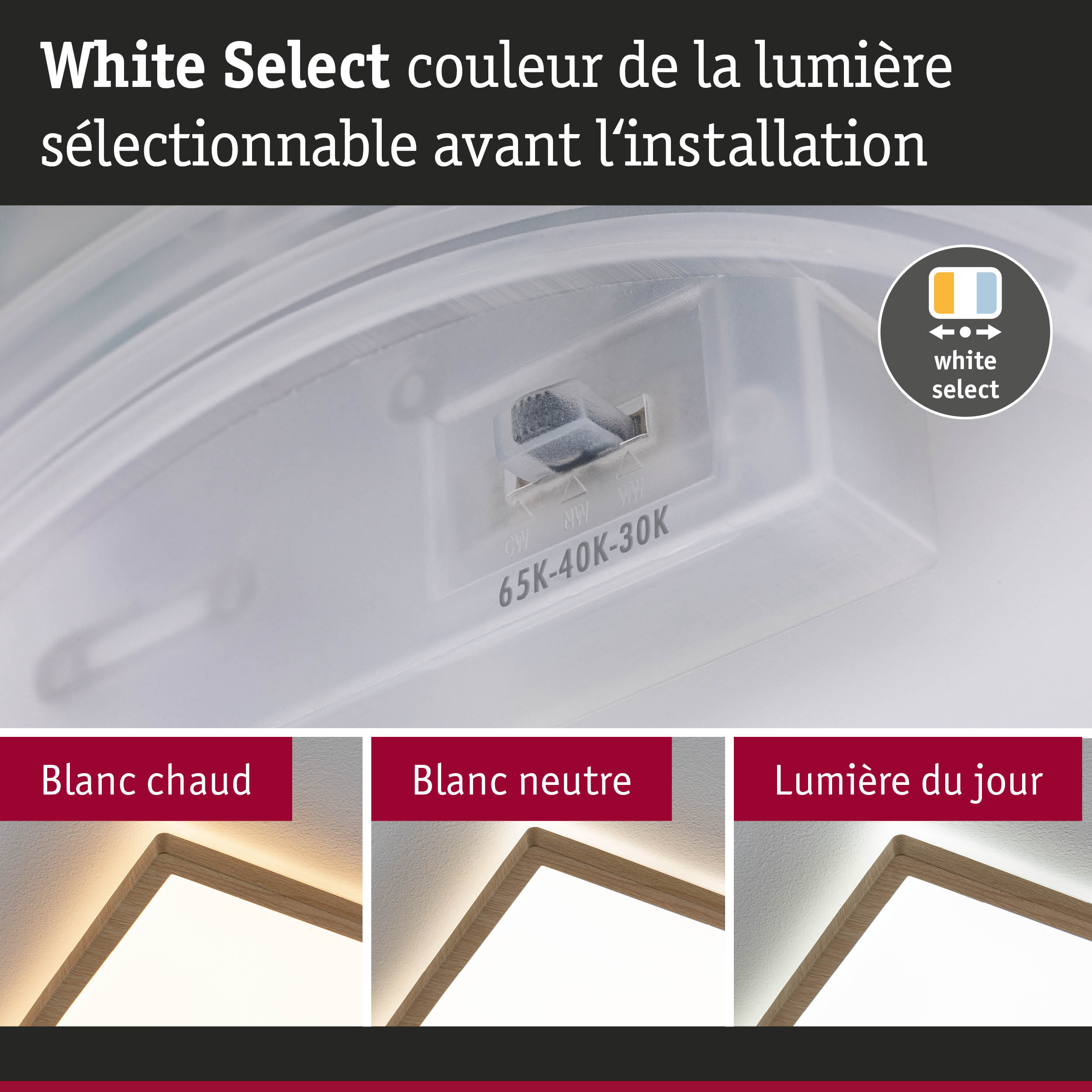 Sélecteur de couleur blanc pour lampe LED de plafond réglable avec cadre en bois et lumière chaude à neutre