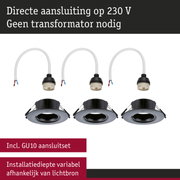 Zwarte inbouwspots met GU10 fitting en witte kabel voor directe 230 V aansluiting zonder transformator