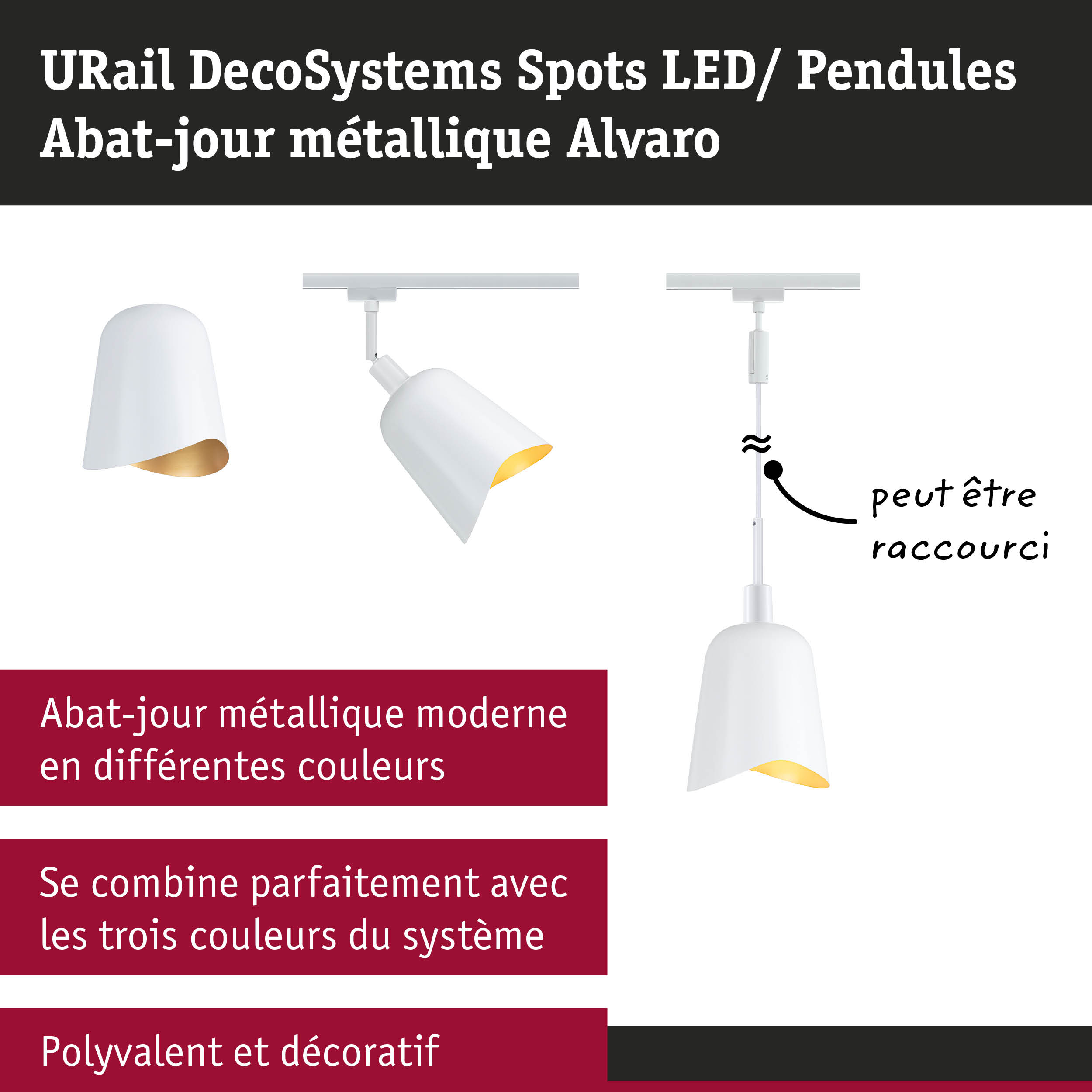 Spot LED et suspension métalliques blancs URail DecoSystems Alvaro avec intérieur doré