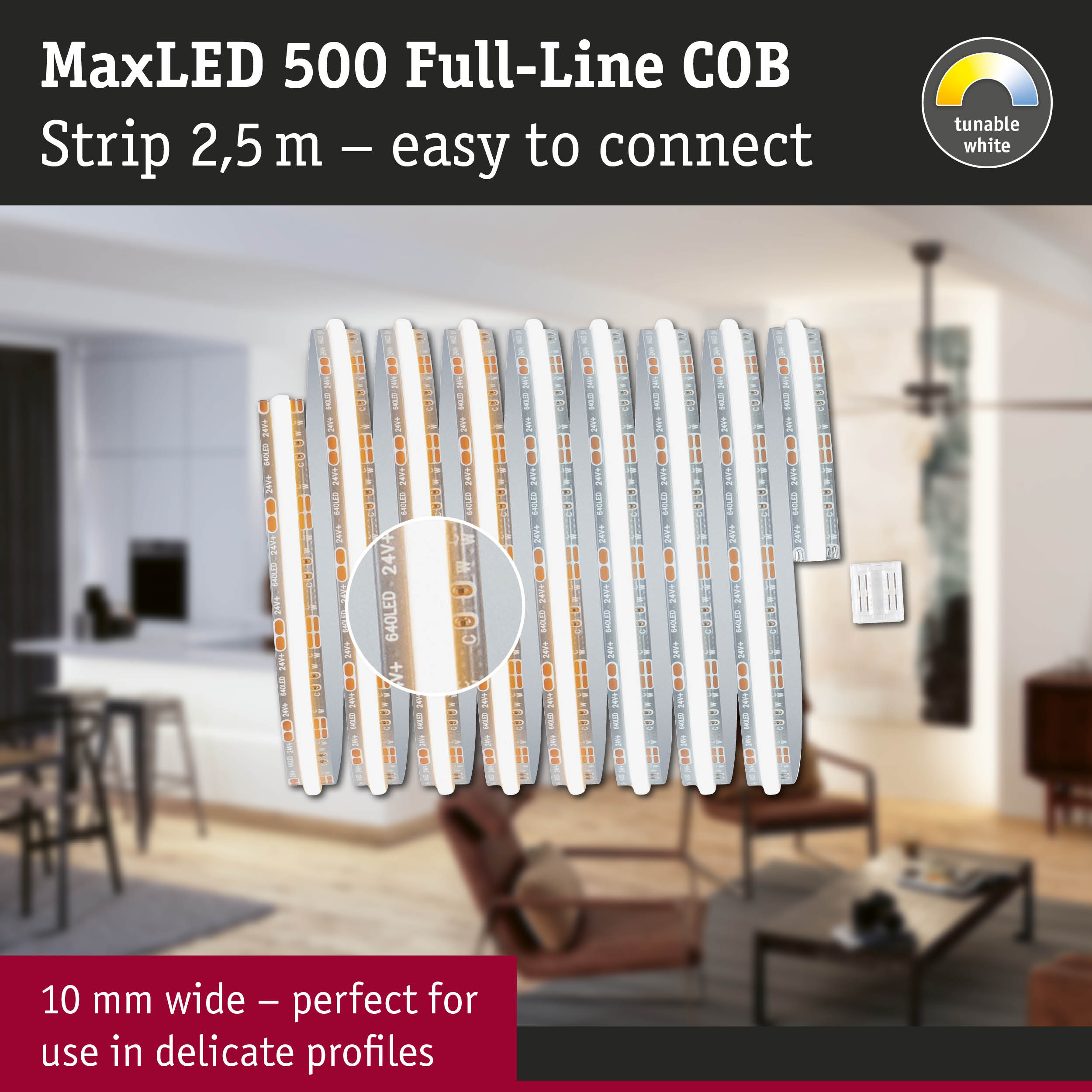 MaxLED 500 COB LED strip 2.5 m white with tunable white light, 10 mm wide for delicate profile lighting