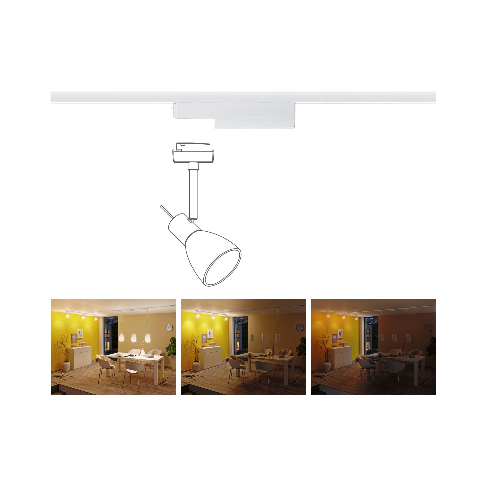 Spot LED blanc sur rail avec tête réglable, éclairage dans une salle à manger moderne.