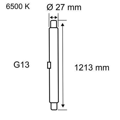 Technische Zeichnung eines G13 Leuchtstoffröhren-Typs mit 1213 mm Länge und 6500 K Lichtfarbe.