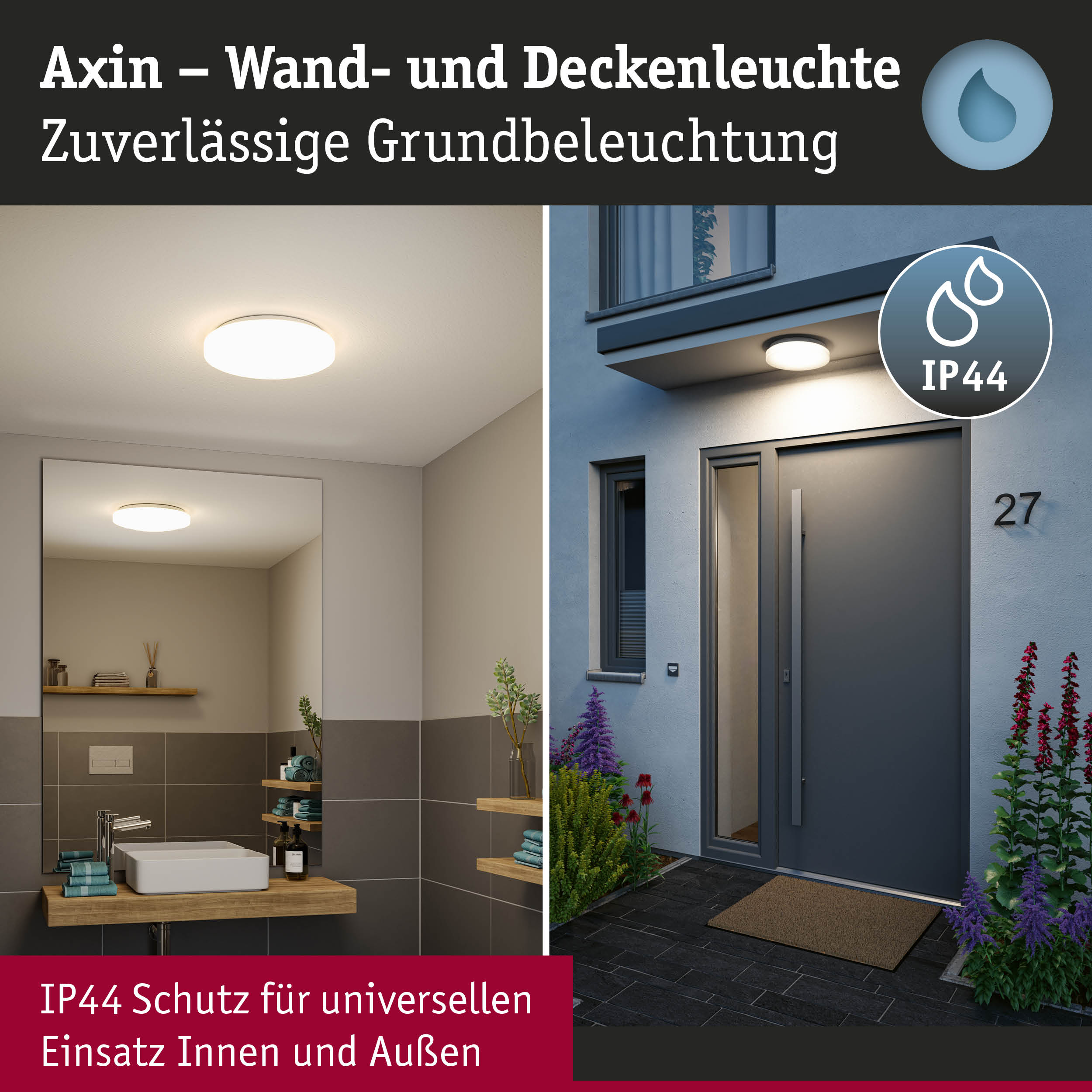 Axin runde weiße Wand- und Deckenleuchte mit IP44 Schutz für Innen- und Außenbereiche