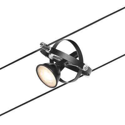 Schwarze LED-Seilstrahler mit Metallring und warmweißem Licht für moderne Beleuchtungssysteme