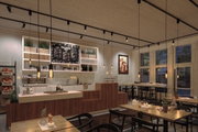 Modern café interior with wooden counter, white tiles, and warm LED pendant lights for cozy lighting.