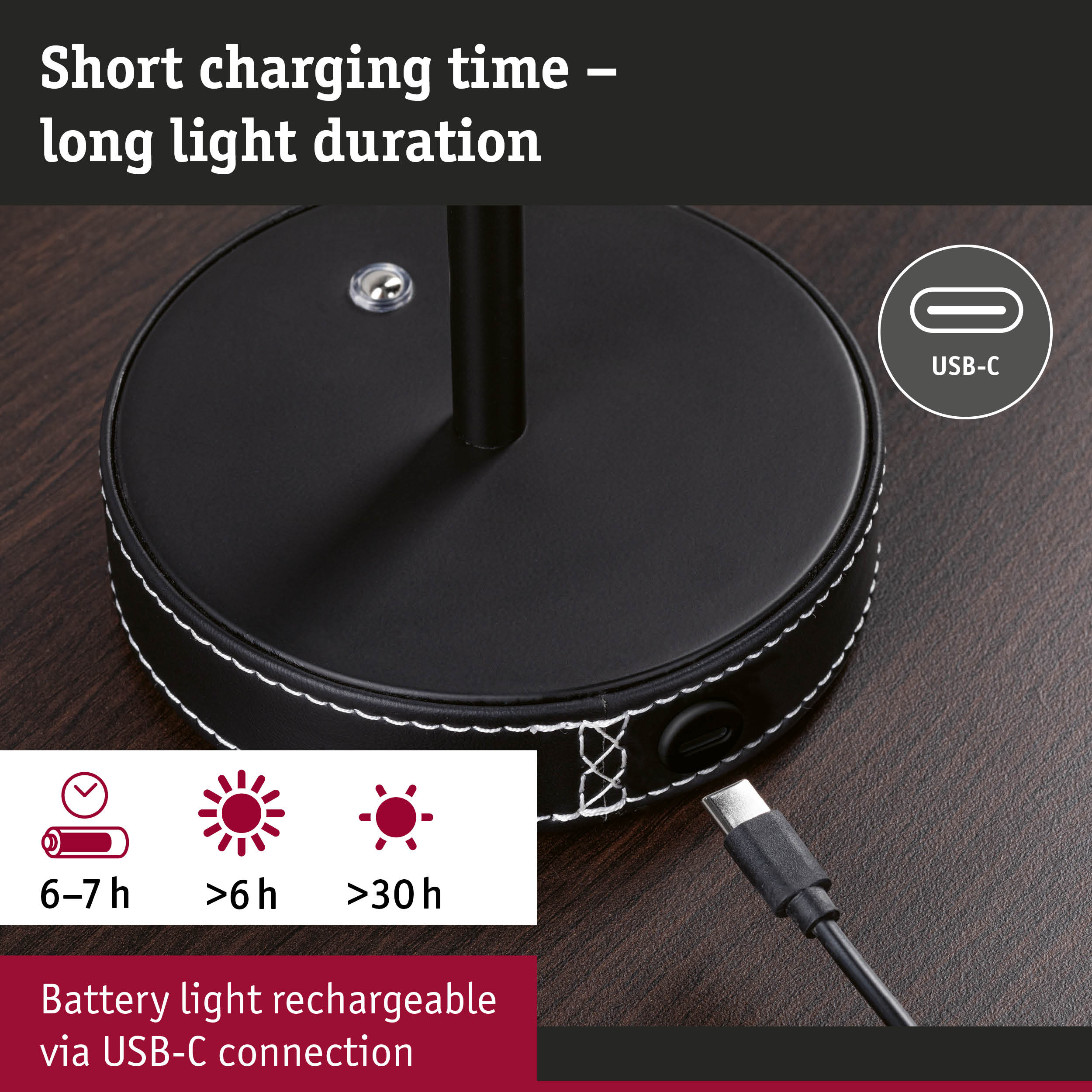 Black round rechargeable table lamp with USB-C port and long LED light duration for home lighting
