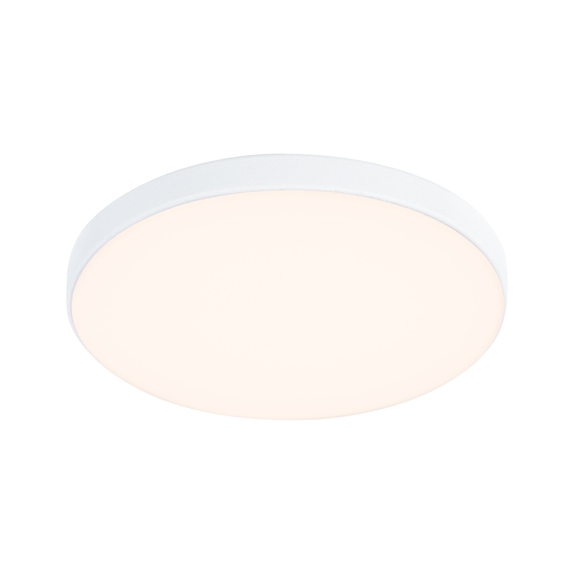 Round white LED ceiling light made of plastic with warm white light for living spaces
