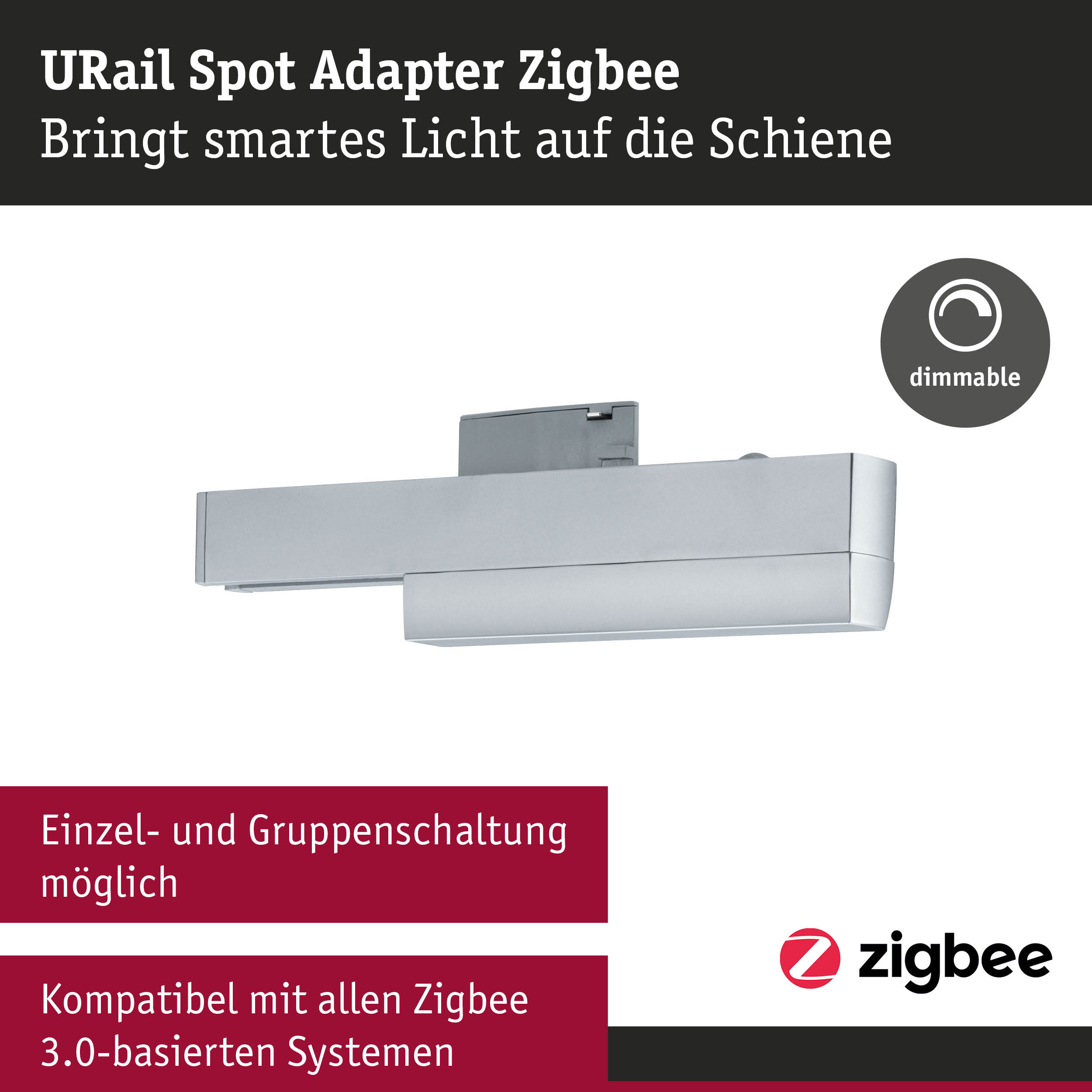 URail Spot Adapter Zigbee in Silber für smarte, dimmbare Lichtsteuerung auf Schienenbeleuchtung
