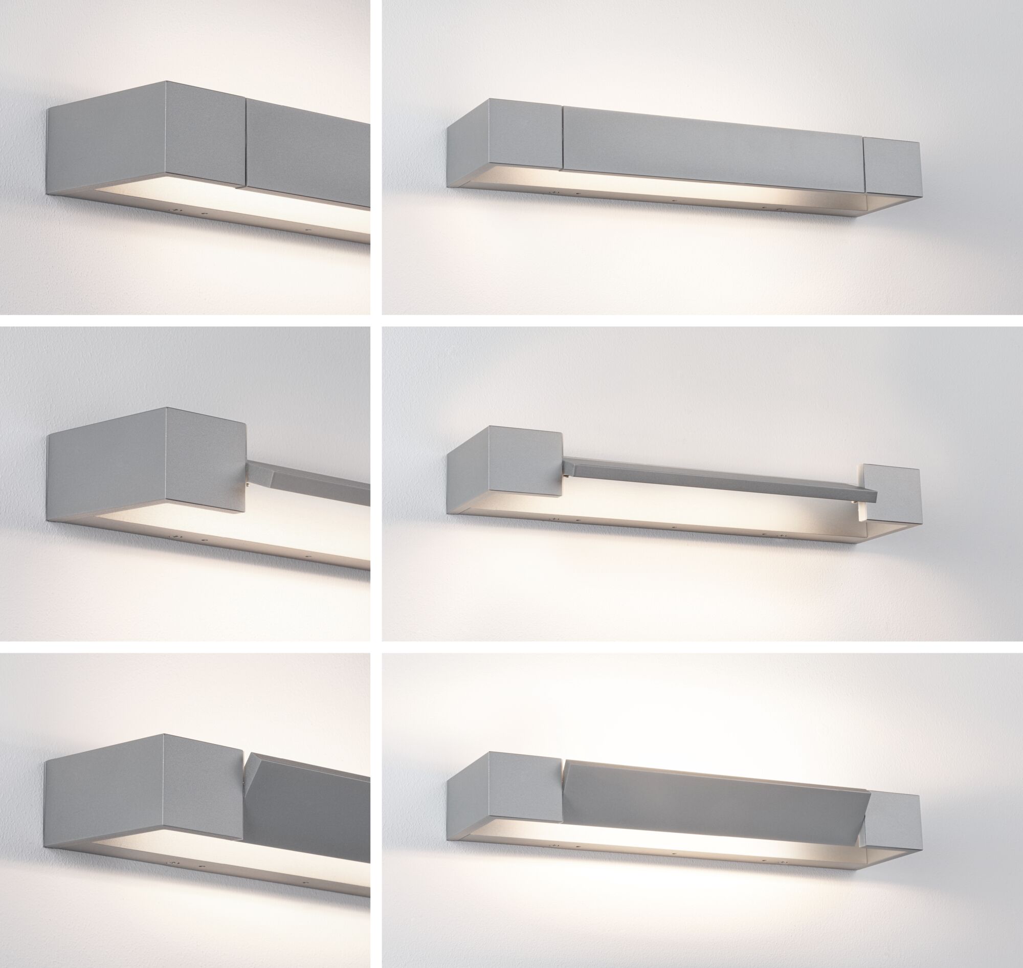 Moderne graue Aluminium-Wandleuchte mit verstellbarem Schirm und warmweißem LED-Licht für Wohnräume.