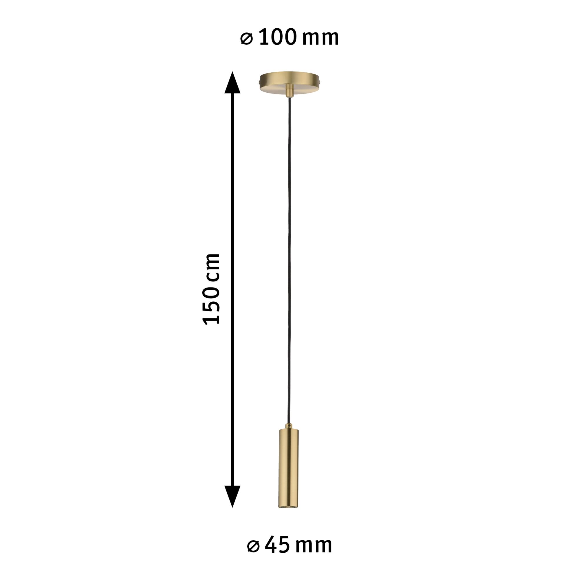 Messzeichnung einer goldfarbenen Pendelleuchte aus Metall mit 150 cm Kabel und 45 mm Leuchtenkopf