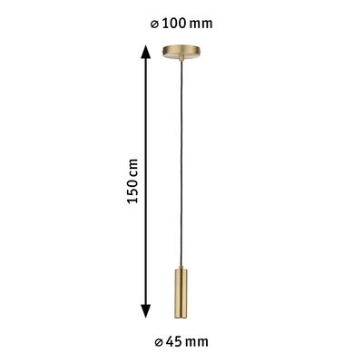 Technical drawing of gold metal pendant light with 150 cm cable and 45 mm lamp head diameter