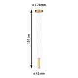 Messzeichnung einer goldfarbenen Pendelleuchte aus Metall mit 150 cm Kabel und 45 mm Leuchtenkopf