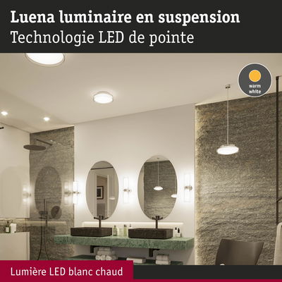 Salle de bain moderne avec luminaire suspendu LED Luena en lumière blanc chaud et plan vasque en marbre vert