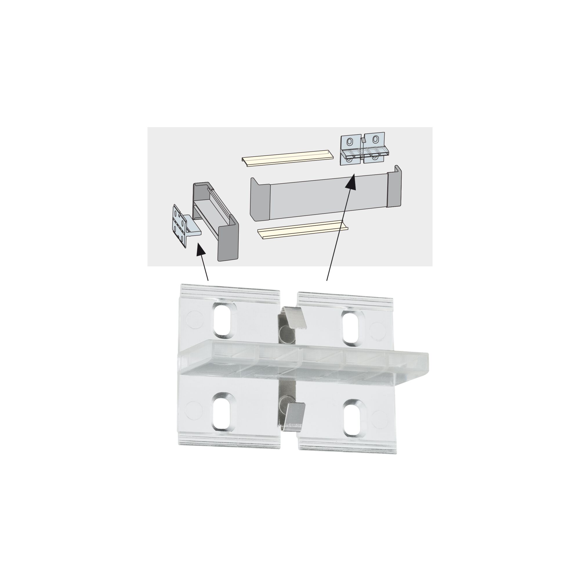 Transparent plastic bracket with metal clips for mounting LED profiles, assembly instructions shown above.