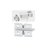 Transparent plastic bracket with metal clips for mounting LED profiles, assembly instructions shown above.