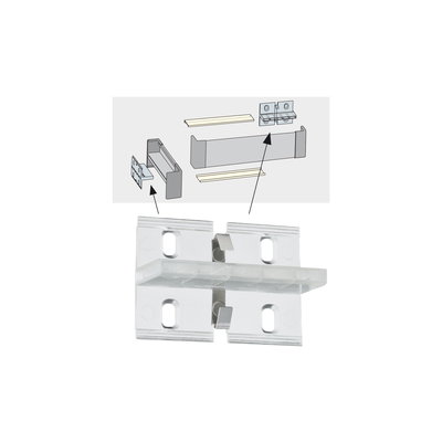 Transparent plastic bracket with metal clips for mounting LED profiles, assembly instructions shown above.