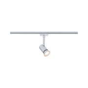 Moderner silberner LED-Strahler aus Metall an Schienensystem für flexible Beleuchtung