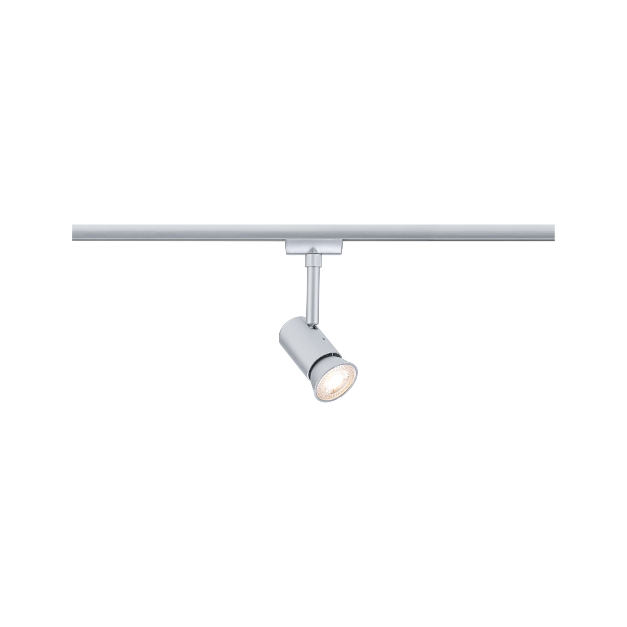 Moderner silberner LED-Strahler aus Metall an Schienensystem für flexible Beleuchtung