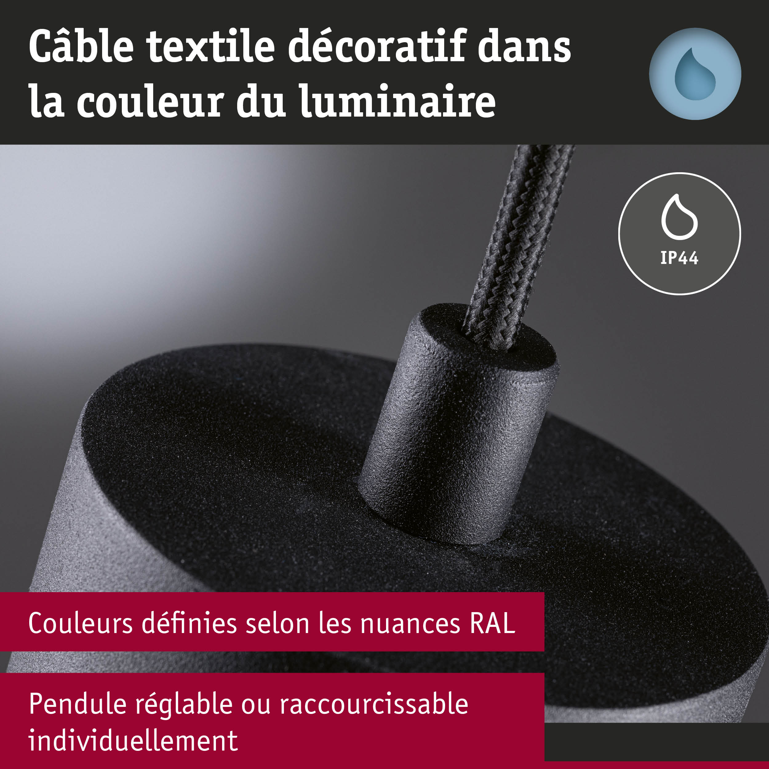 Câble textile noir IP44 pour luminaire, réglable et disponible en couleurs RAL personnalisées