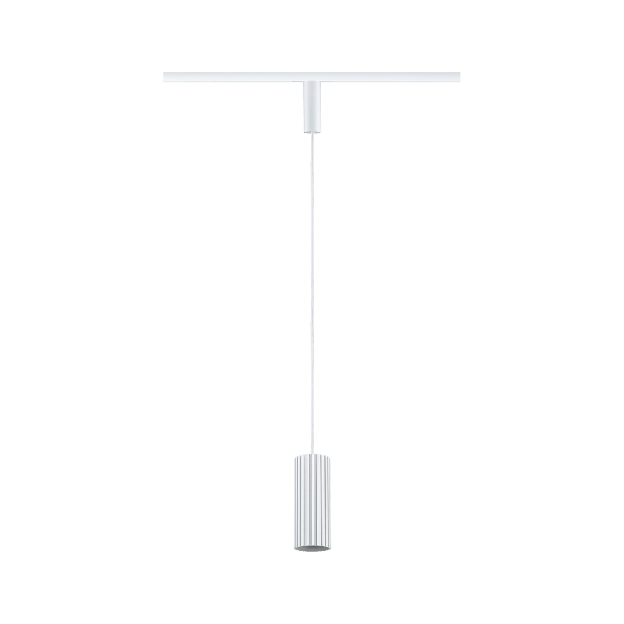 Modern white LED pendant light with ribbed aluminium housing and cable suspension