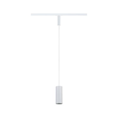 Modern white LED pendant light with ribbed aluminium housing and cable suspension