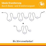 Erweiterbares LED-Lichterkette-Set mit weißen Kugeln und schwarzem Kabel bis 30 Meter Länge