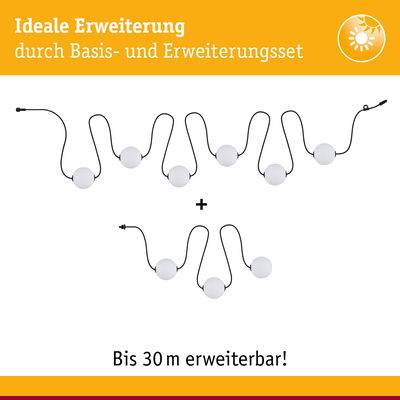 Erweiterbares LED-Lichterkette-Set mit weißen Kugeln und schwarzem Kabel bis 30 Meter Länge