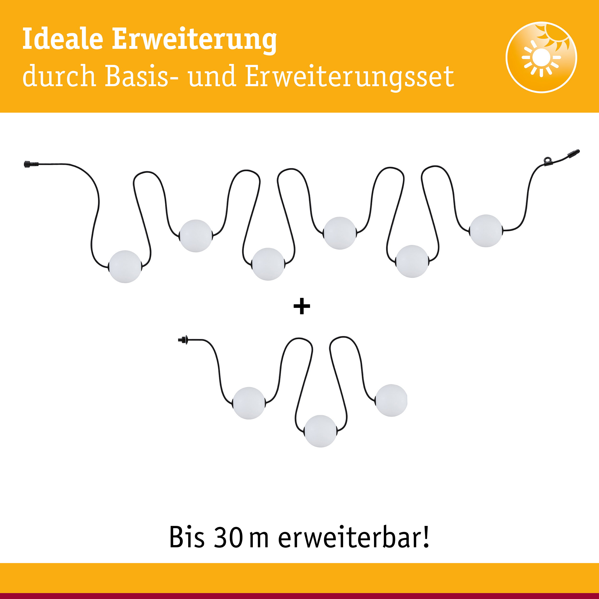 Erweiterungsset mit weißen Kugelleuchten und schwarzem Kabel, bis 30 m erweiterbar für LED-Beleuchtung