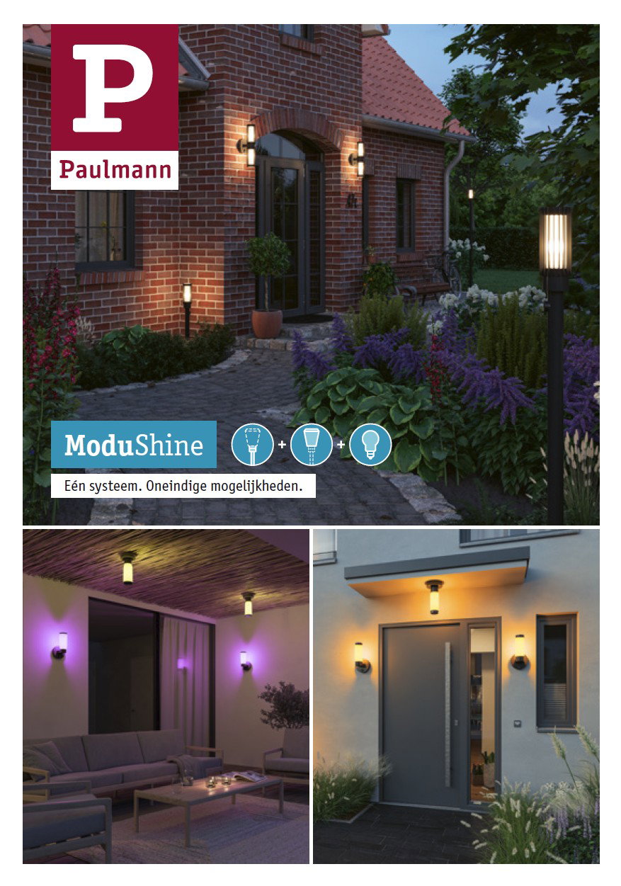 ModuShine zwarte buitenlampen met warm wit licht aan gevel en tuinpad voor sfeervolle verlichting