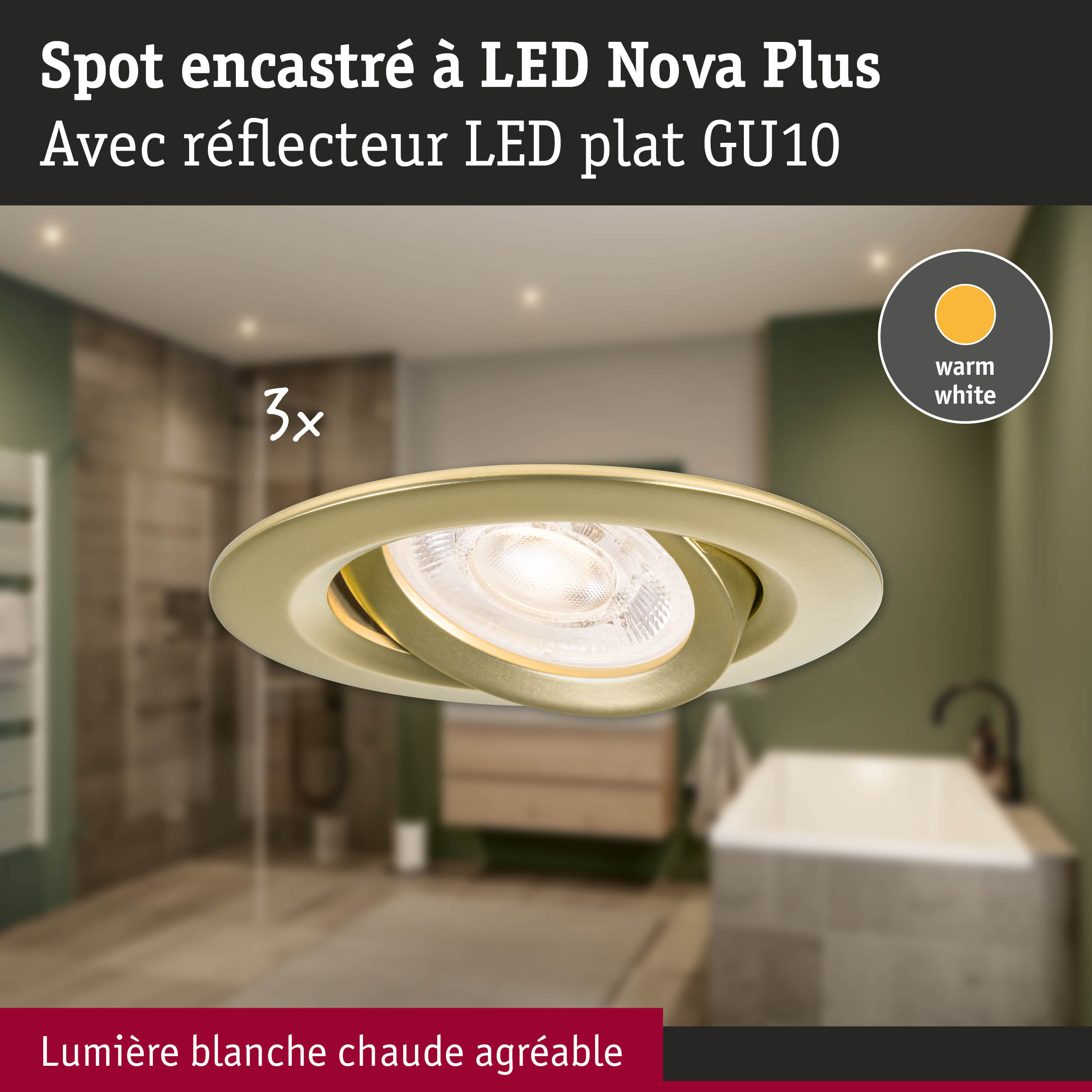Spot encastré LED Nova Plus doré avec réflecteur LED plat GU10 et lumière blanc chaud