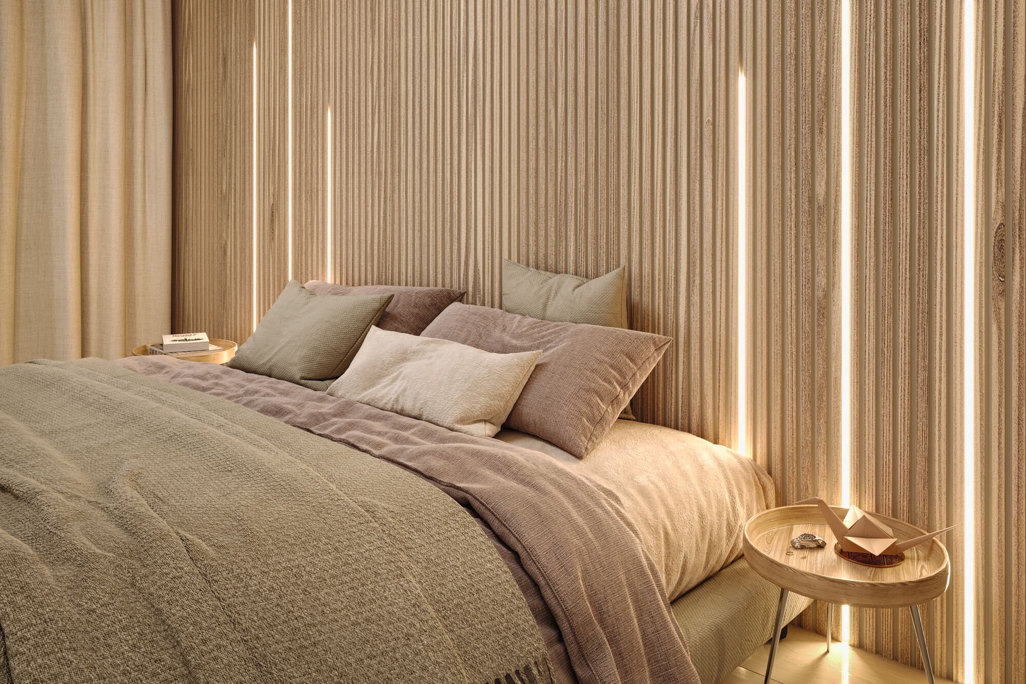 Modernes Schlafzimmer mit Holzlamellenwand und warmweißer LED-Beleuchtung für gemütliche Atmosphäre
