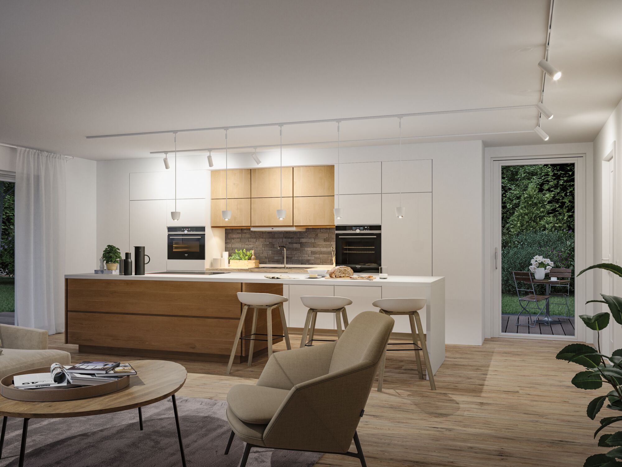 Modern kitchen with wooden fronts, white pendant lights and LED spot lighting for living space illumination