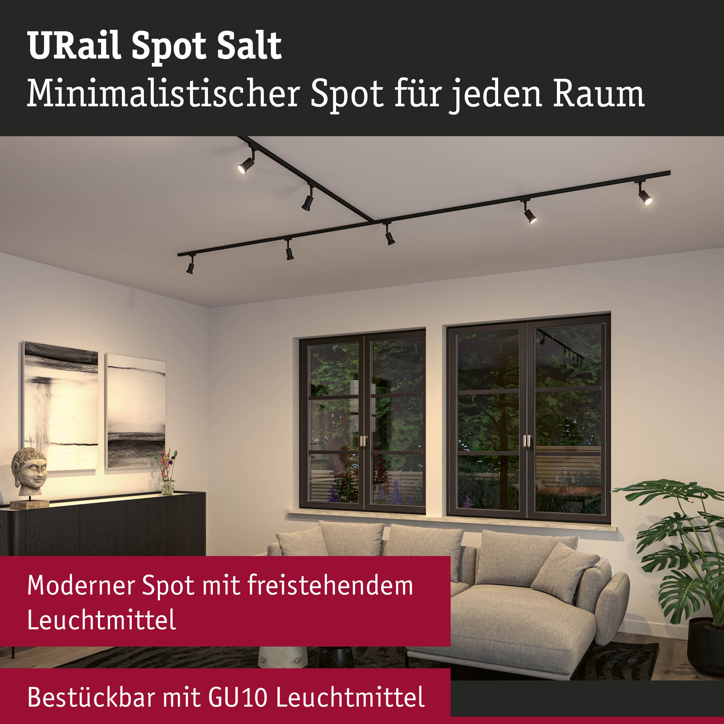 Minimalistischer schwarzer URail Spot Salt mit freistehendem GU10 Leuchtmittel an Decke im Wohnzimmer