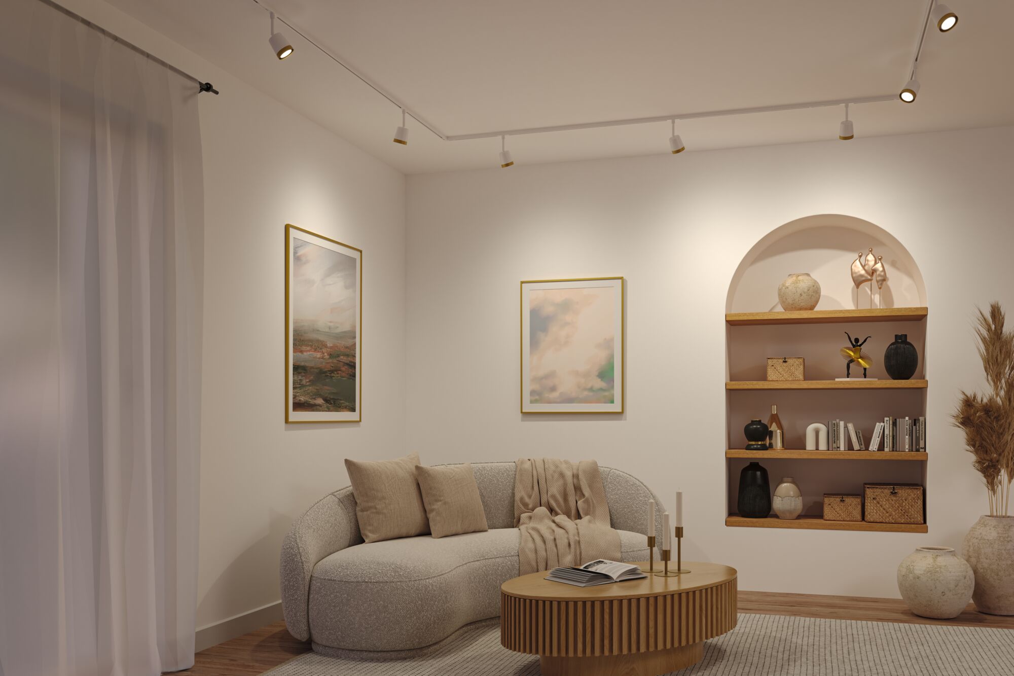Modern living room with grey fabric sofa, wooden coffee table and decorative wall shelves in neutral tones