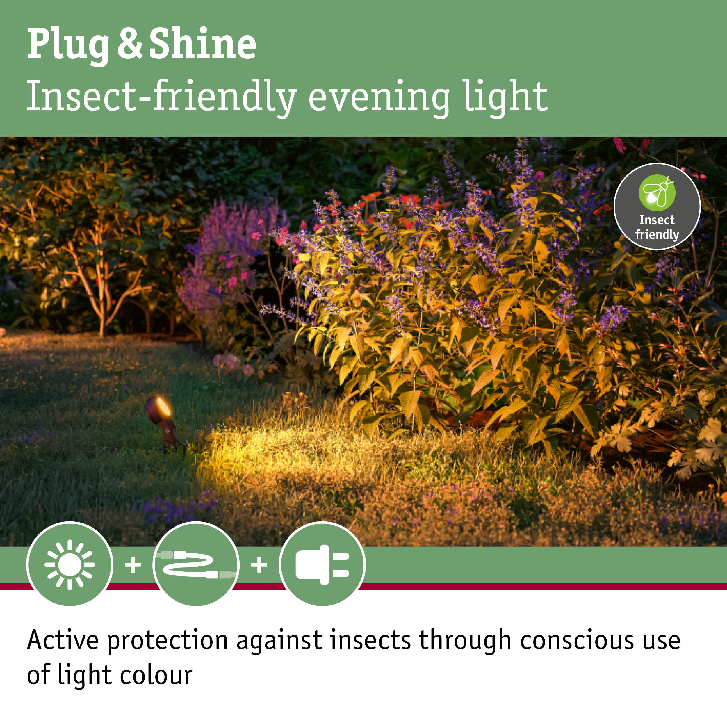 Garden lighting with insect-friendly warm white light for sustainable outdoor illumination