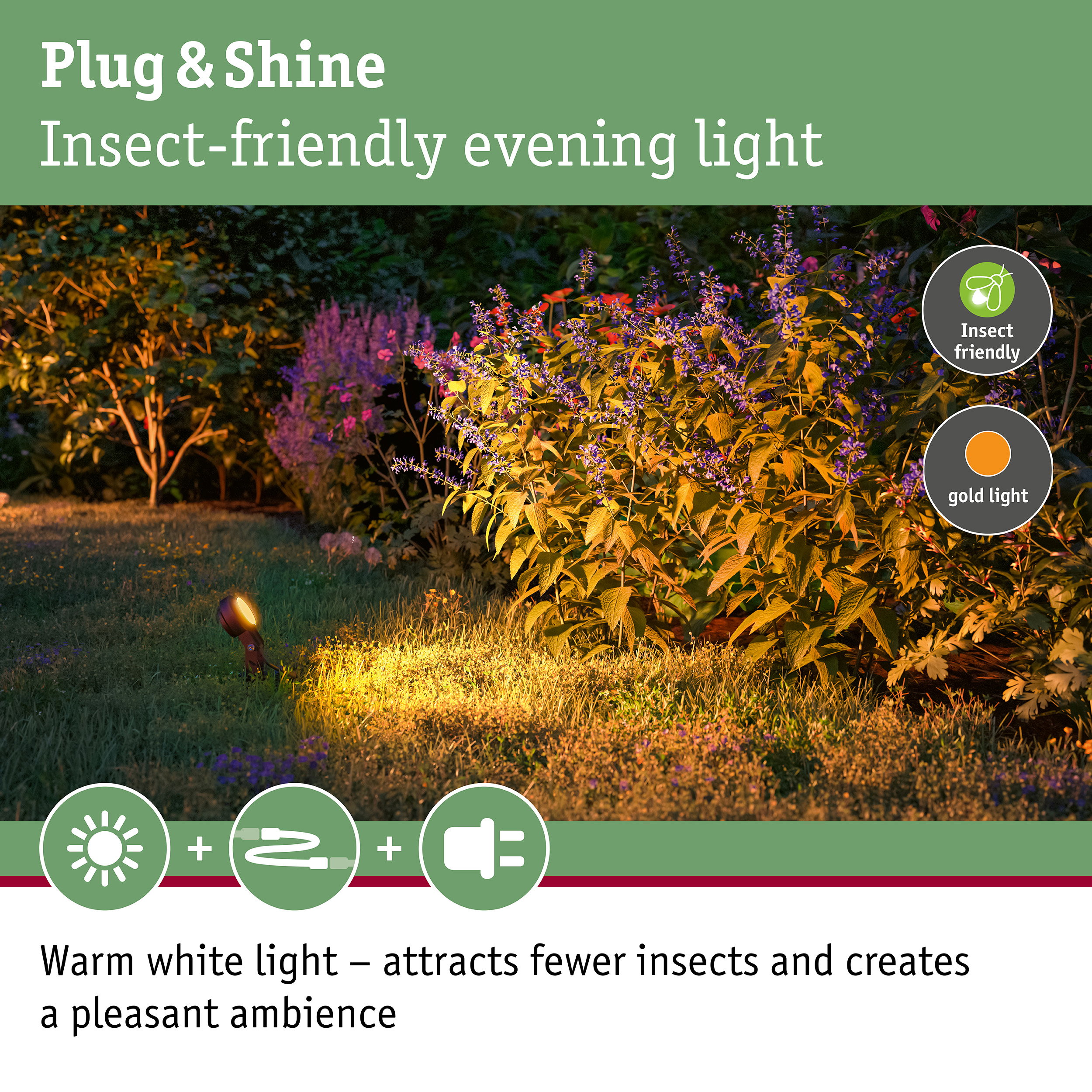 Garden lighting with insect-friendly warm white light for sustainable outdoor illumination