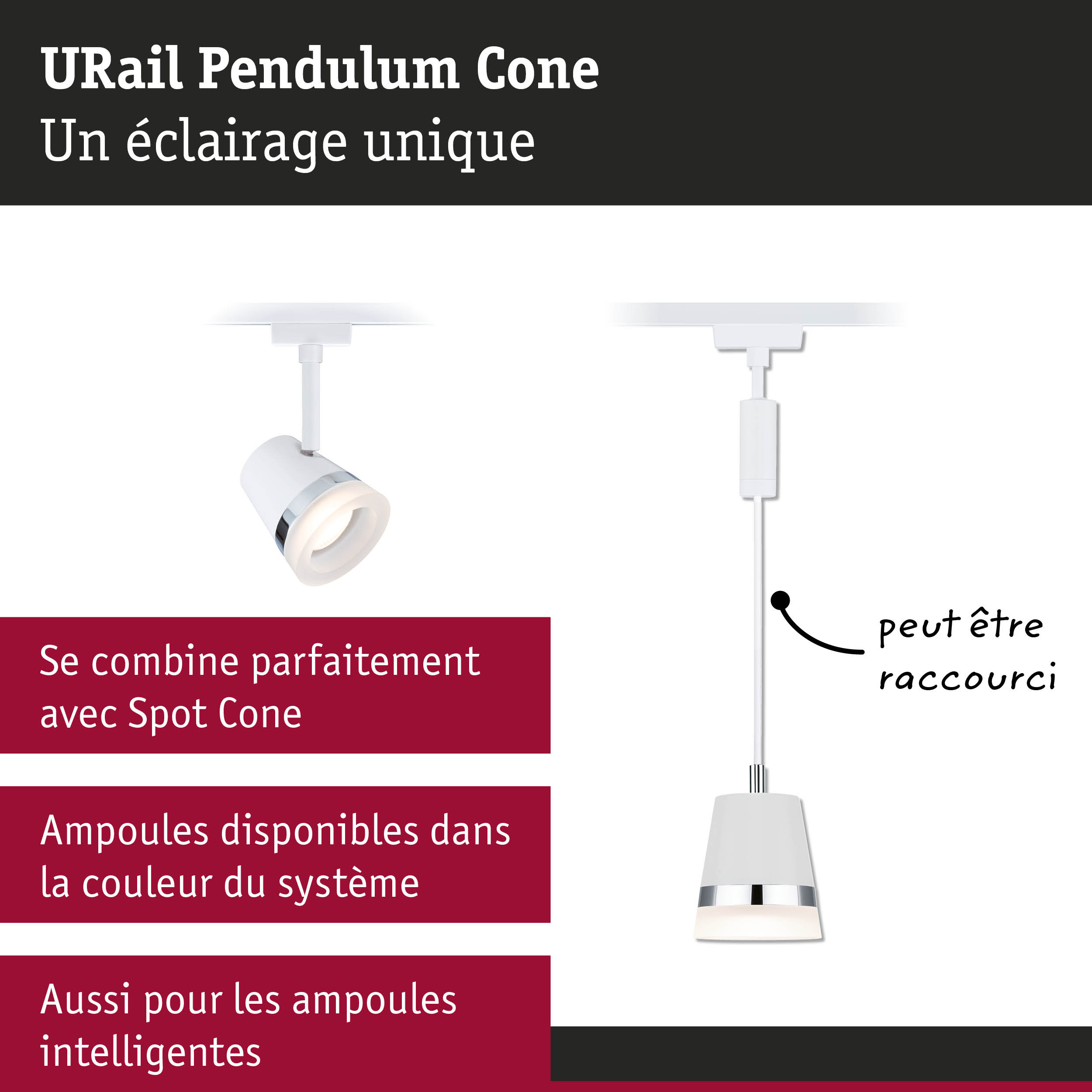 Spot LED URail Pendulum Cone blanc avec anneau chromé pour système de rails, design moderne