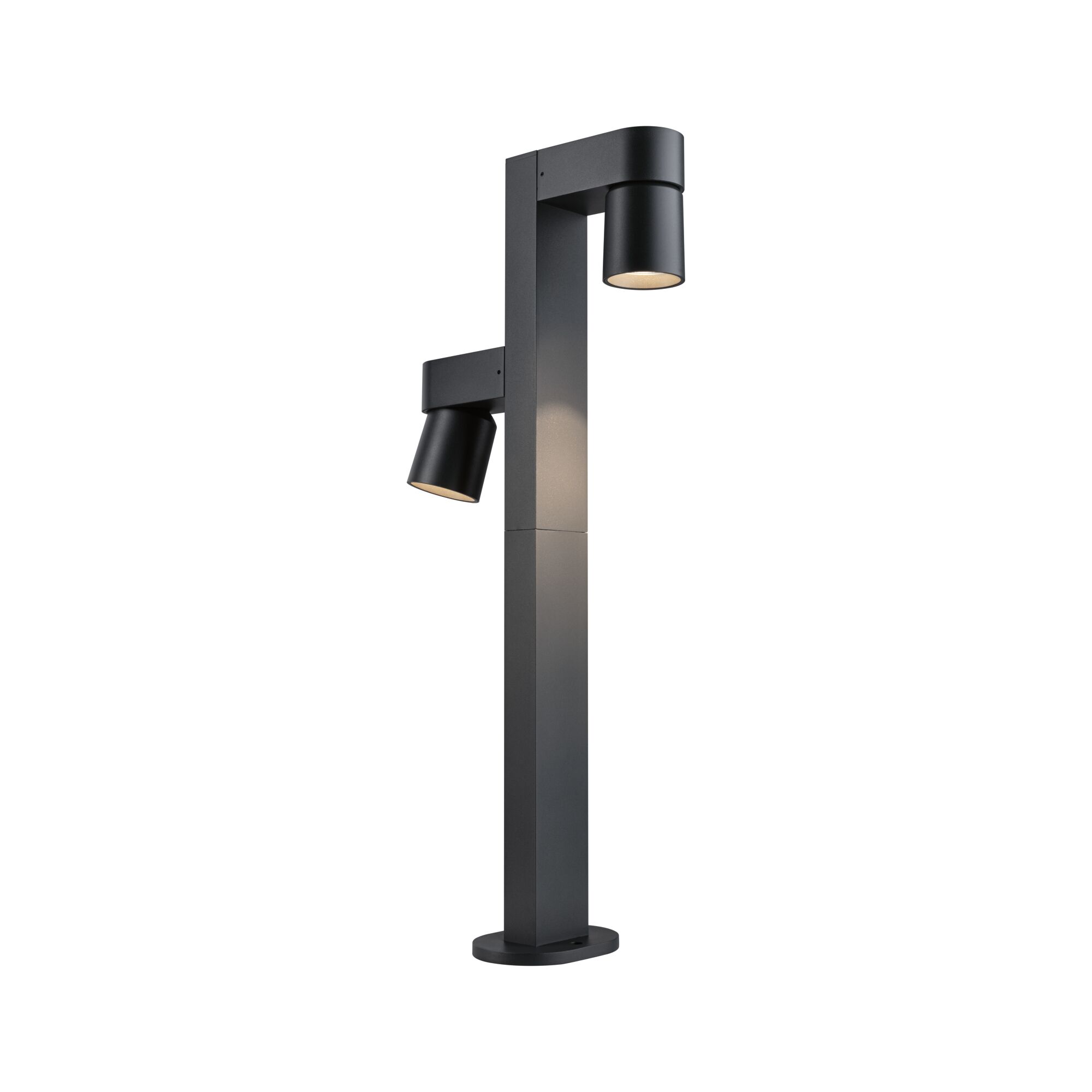 Modern black aluminum outdoor spotlight with two adjustable lamps for garden lighting.