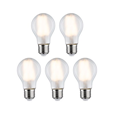 Fünf klare LED-Glühbirnen mit E27-Fassung und warmweißem Licht für energiesparende Beleuchtung